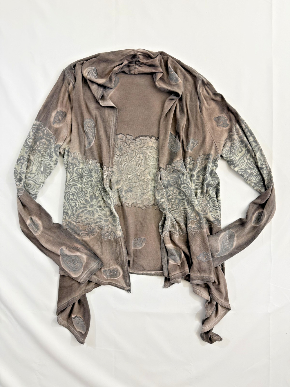 Y2K whimsygoth M. Rena lotus paisley printed patterned brown boho flowy cardigan